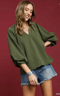 Autumn Ease Balloon Sleeve Top – Olive