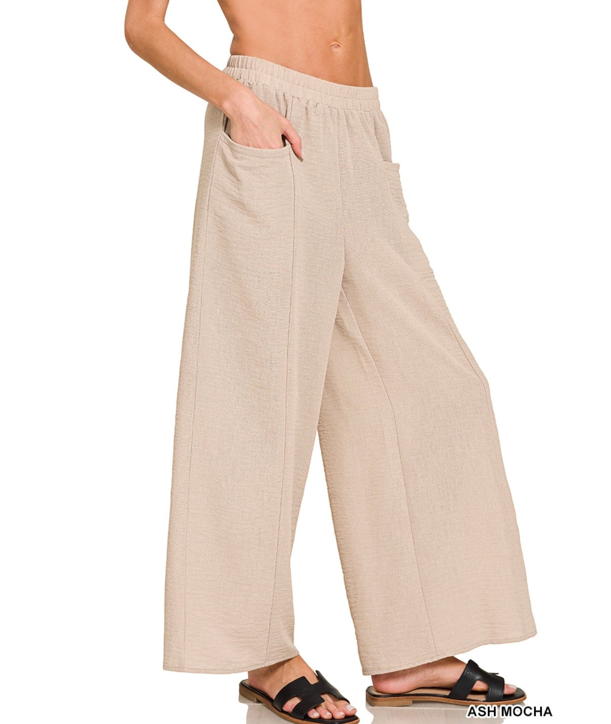 ZENANA ASH MOCHA WOVEN AIRFLOW ELASTIC
WAISTBAND PANTS