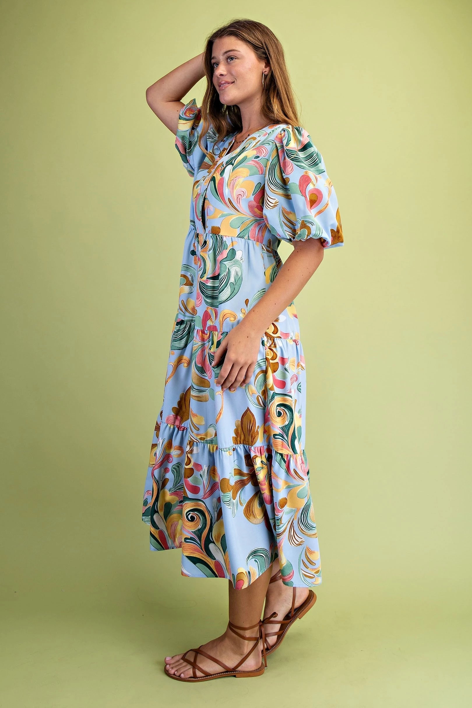 Sky Mix Tiered Midi Dress