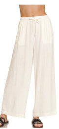 ZENANA IVORY WIDE-LEG LINEN BLEND PANTS WITH POCKETS