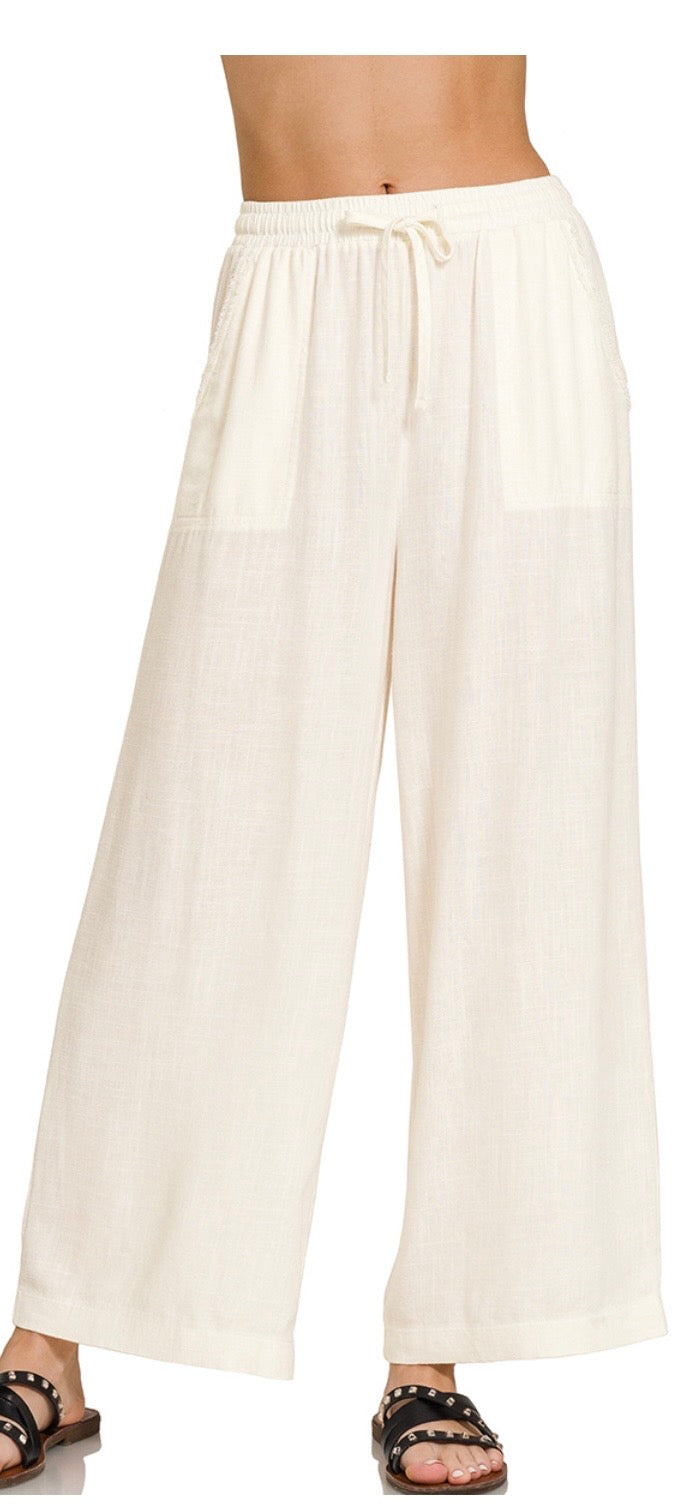 ZENANA IVORY WIDE-LEG LINEN BLEND PANTS WITH POCKETS