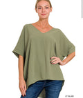 LIGHT OLIVE WOVEN AIRFLOW V-NECK DOLMAN SHORT SLEEVE TOP~ZENANA