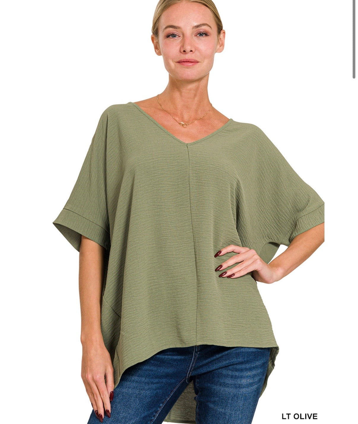 LIGHT OLIVE WOVEN AIRFLOW V-NECK DOLMAN SHORT SLEEVE TOP~ZENANA
