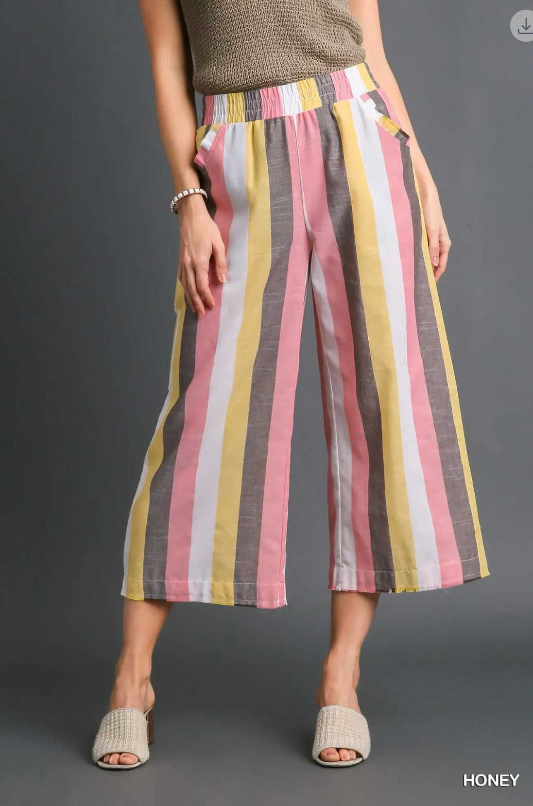 Umgee Striped Multi-Color Wide Leg Elastic Waistband Bottoms