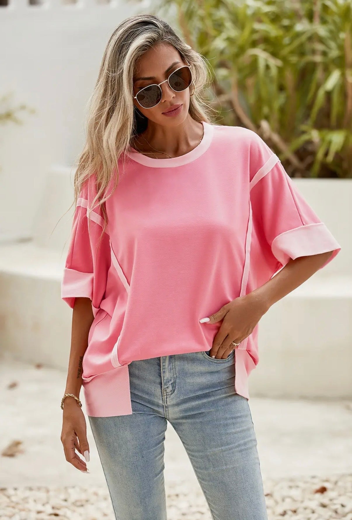 Soft Pink Half Sleeve Raw
Seam High Side Split Top