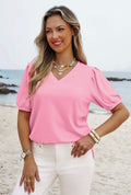 Solid Color V Neck Short Puff Sleeve Blouse-Pink, Yellow, & Turquoise