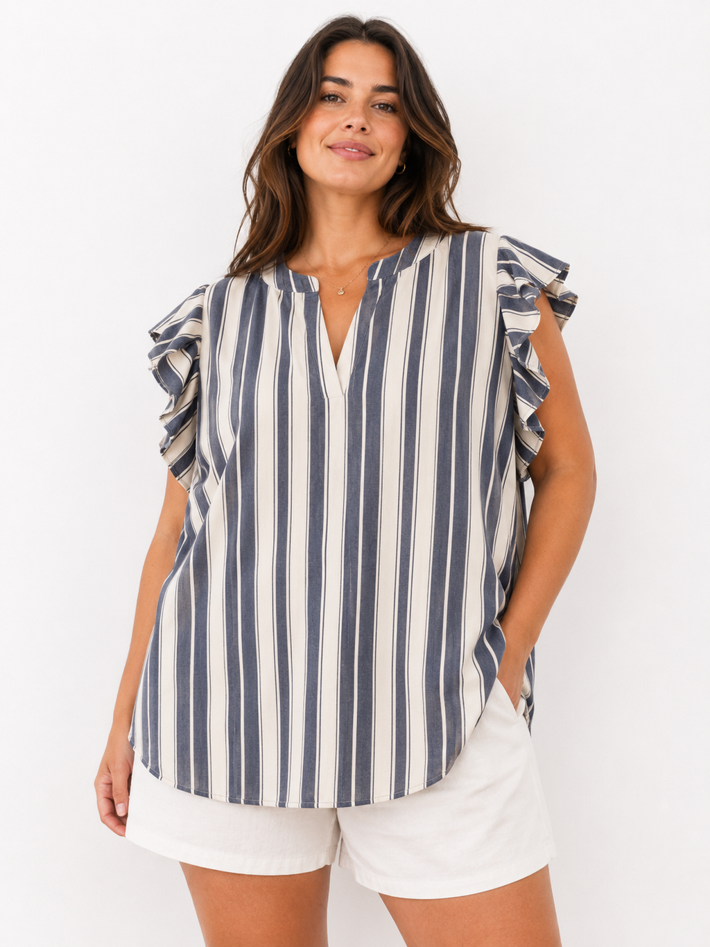 Curvy Coastal Stripe Ruffle Blouse
