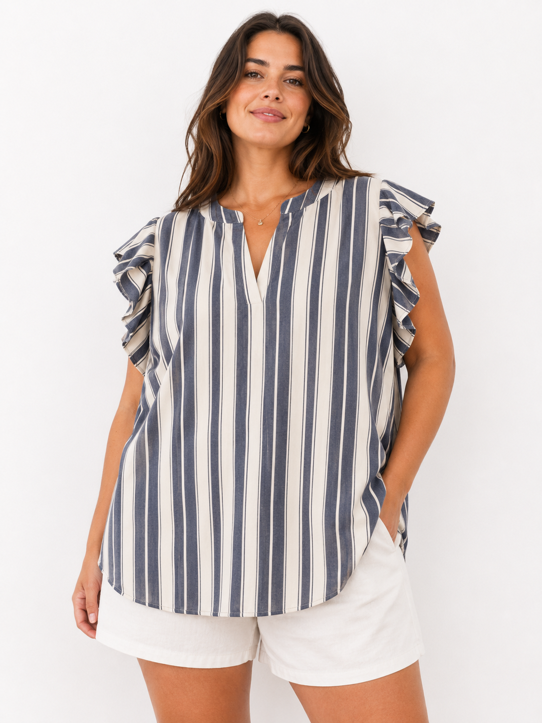 Curvy Coastal Stripe Ruffle Blouse