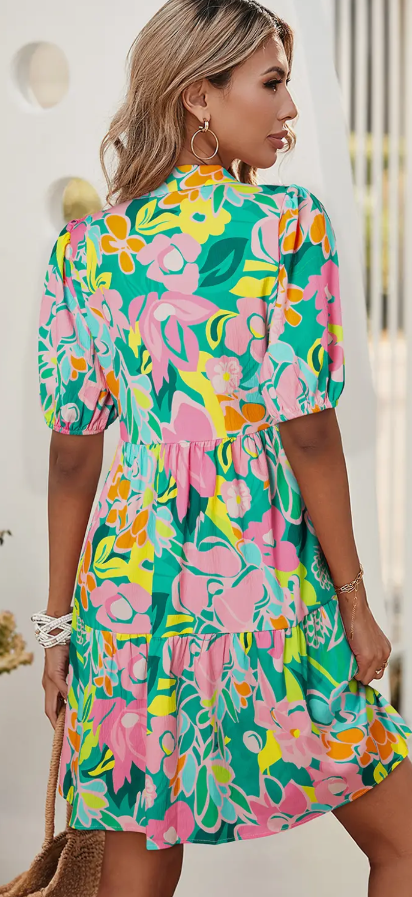 Floral Puff Sleeve Collar Buttoned Babydoll Dress
