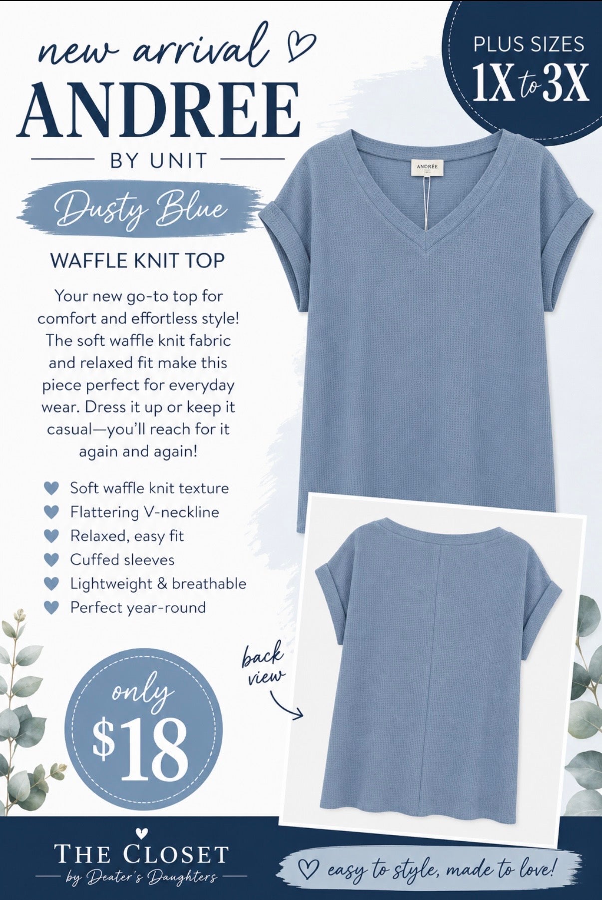 Curvy Dusty Blue Waffle Knit Top