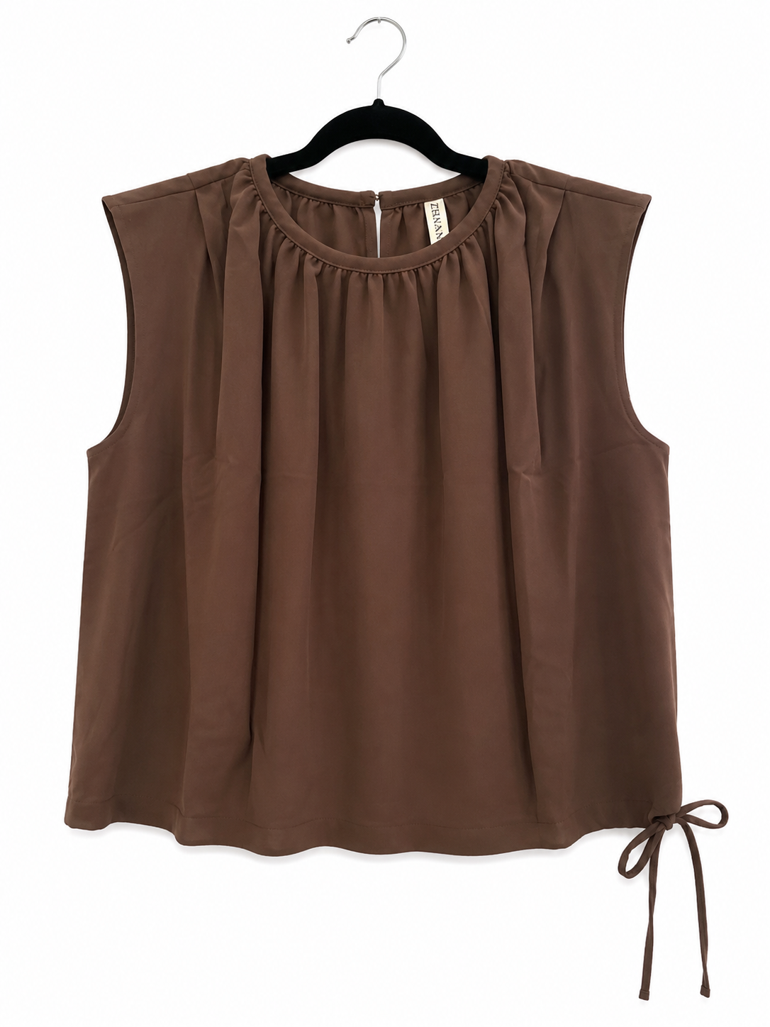 Zenana Mocha Tie-Side Sleeveless Blouse