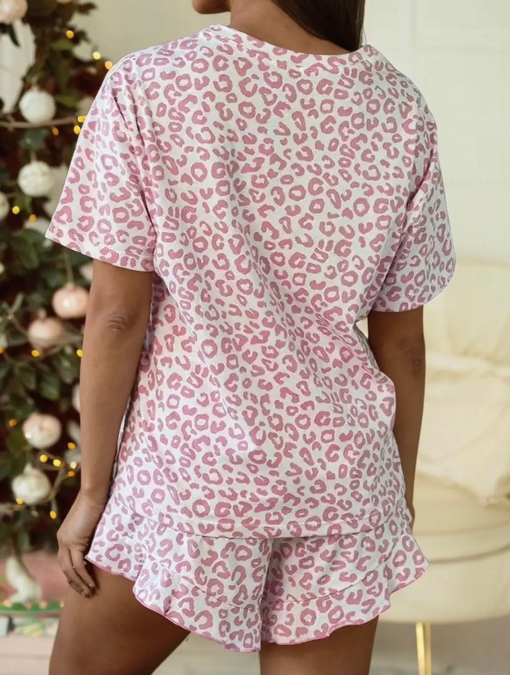 Leopard Crew Neck Tee and Ruffled Shorts 2 Pcs Lounge
Set