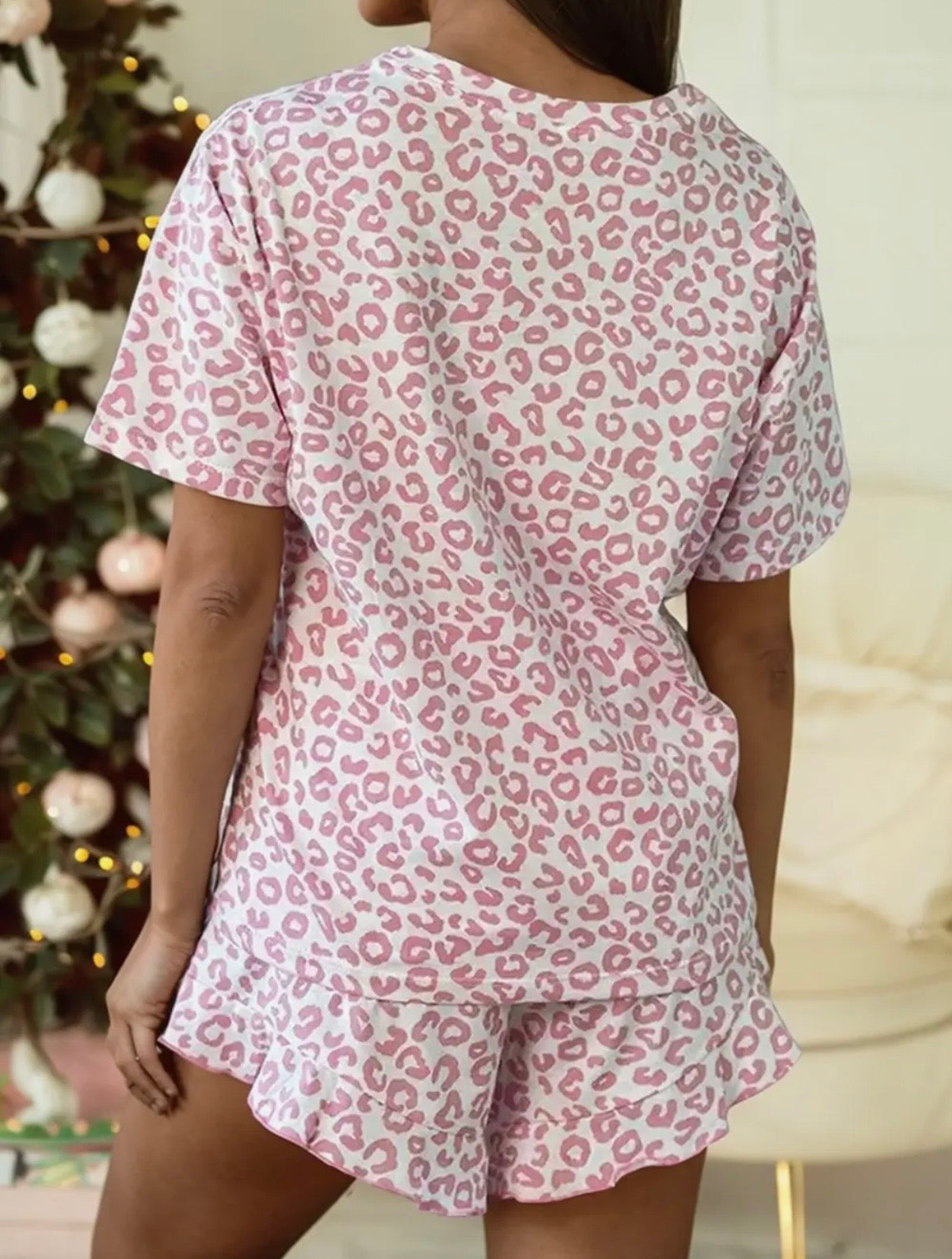 Leopard Crew Neck Tee and Ruffled Shorts 2 Pcs Lounge
Set
