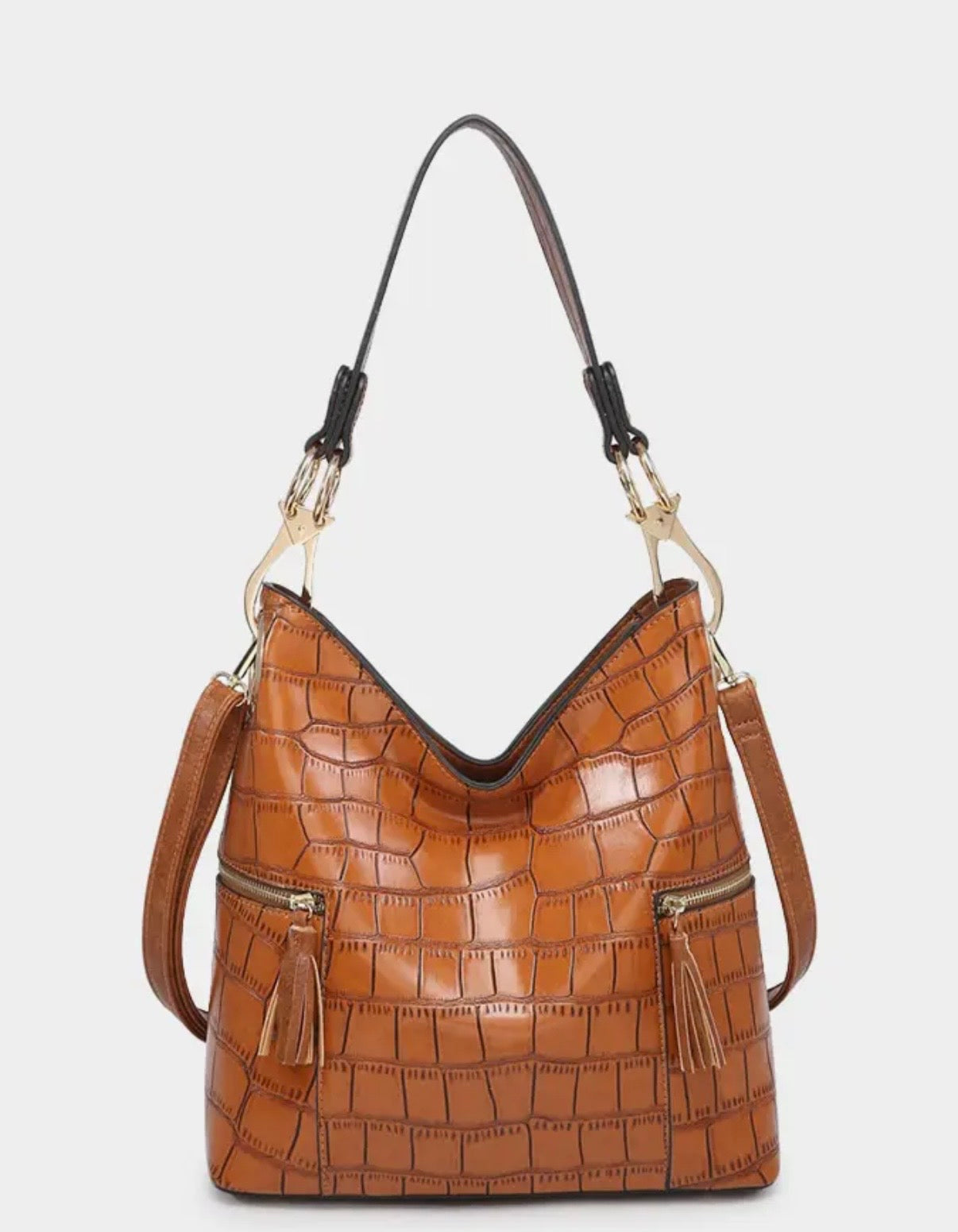 Rochelle Crocodile Print Hobo Bag in Black, Cognac, Brown