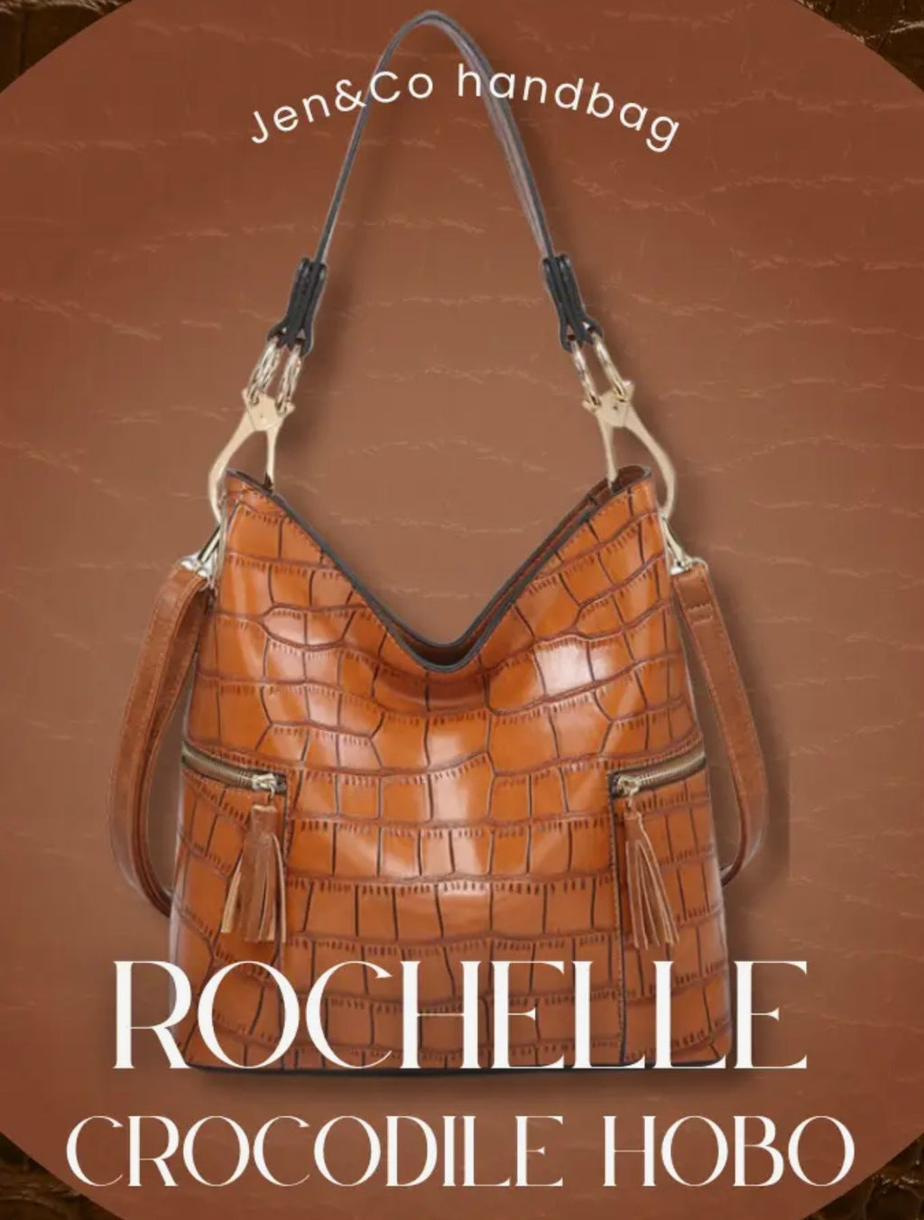 Rochelle Crocodile Print Hobo Bag in Black, Cognac, Brown