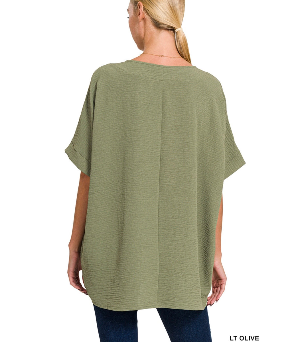 LIGHT OLIVE WOVEN AIRFLOW V-NECK DOLMAN SHORT SLEEVE TOP~ZENANA