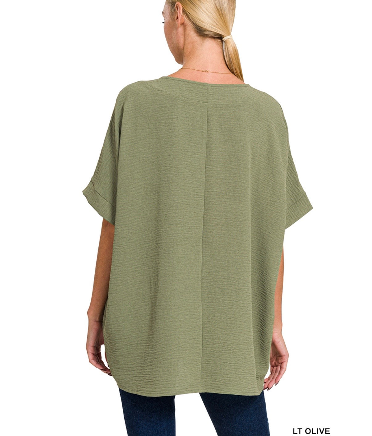 LIGHT OLIVE WOVEN AIRFLOW V-NECK DOLMAN SHORT SLEEVE TOP~ZENANA