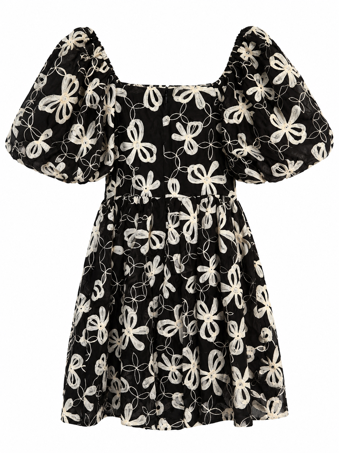 Black Floral Embroidered Puff Sleeve Dress