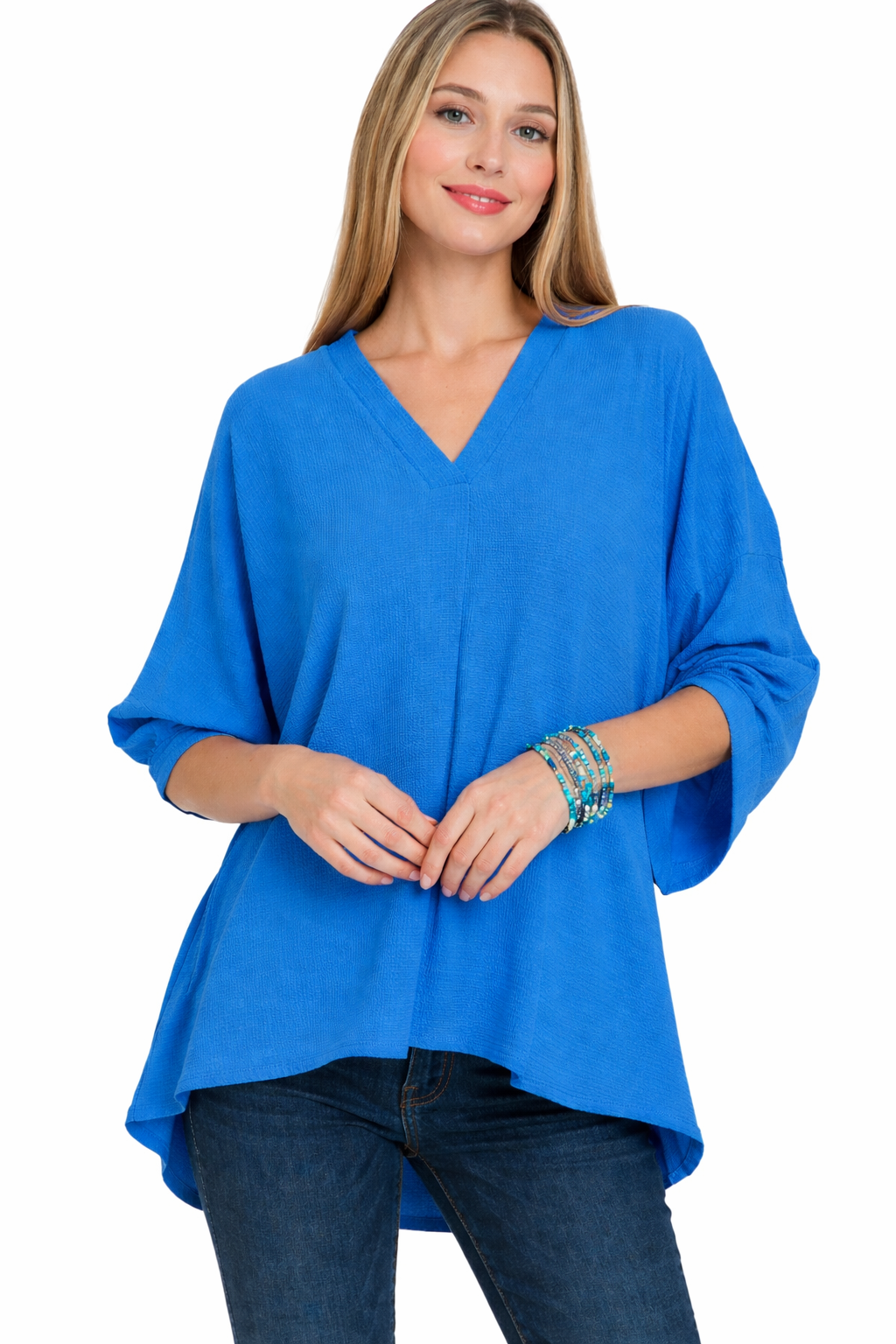 Zenana OCEAN BLUE WOVEN AIRFLOW V-NECK DOLMAN SHORT SLEEVE TOP