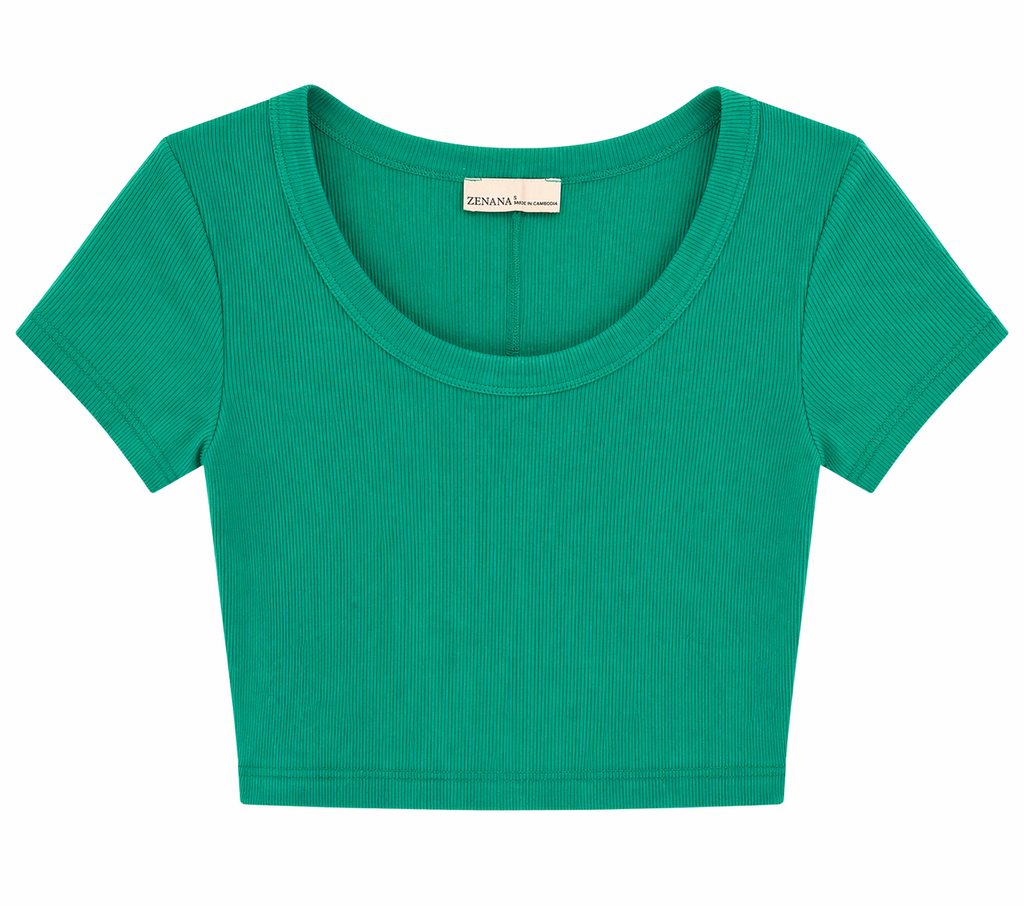 Zenana Casual Ribbed Scoop Neck Cropped Slim Basic Short Sleeve T-Shirt Top