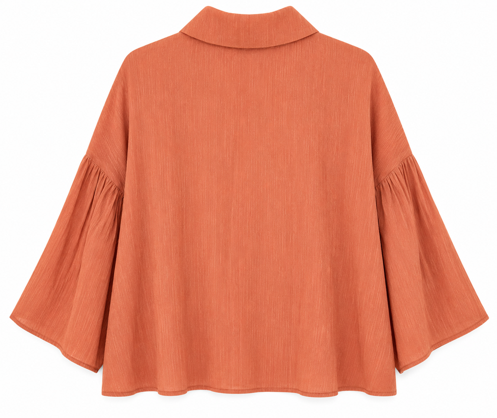 Rust Button Front Bell Sleeve Cropped Blouse