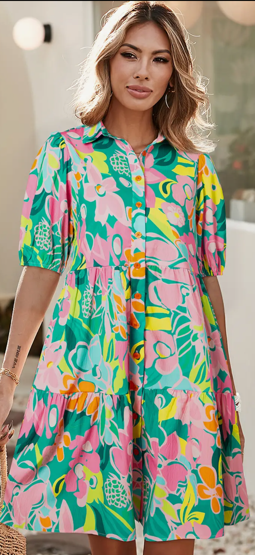 Floral Puff Sleeve Collar Buttoned Babydoll Dress