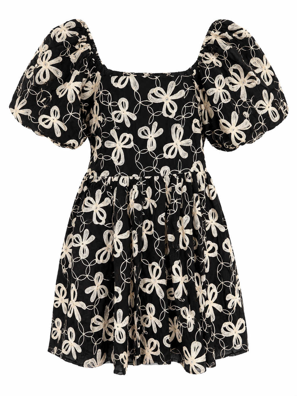 Black Floral Embroidered Puff Sleeve Dress