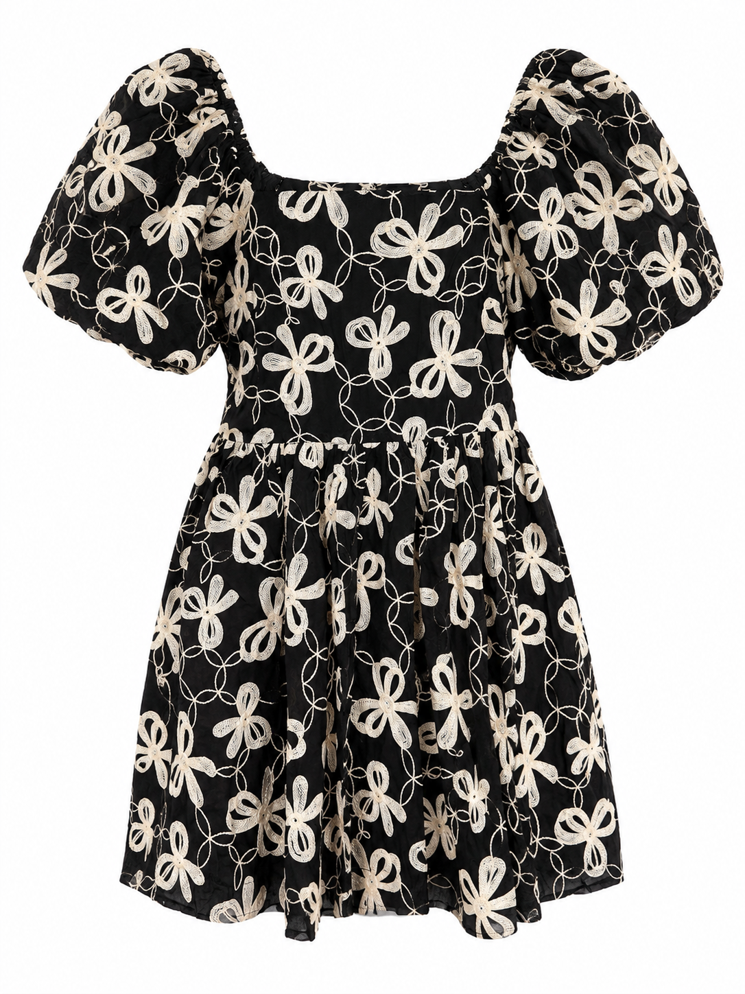 Black Floral Embroidered Puff Sleeve Dress