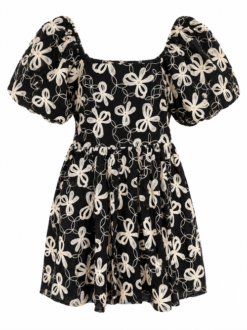 Black Floral Embroidered Puff Sleeve Dress