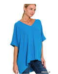 Zenana OCEAN BLUE WOVEN AIRFLOW V-NECK DOLMAN SHORT SLEEVE TOP