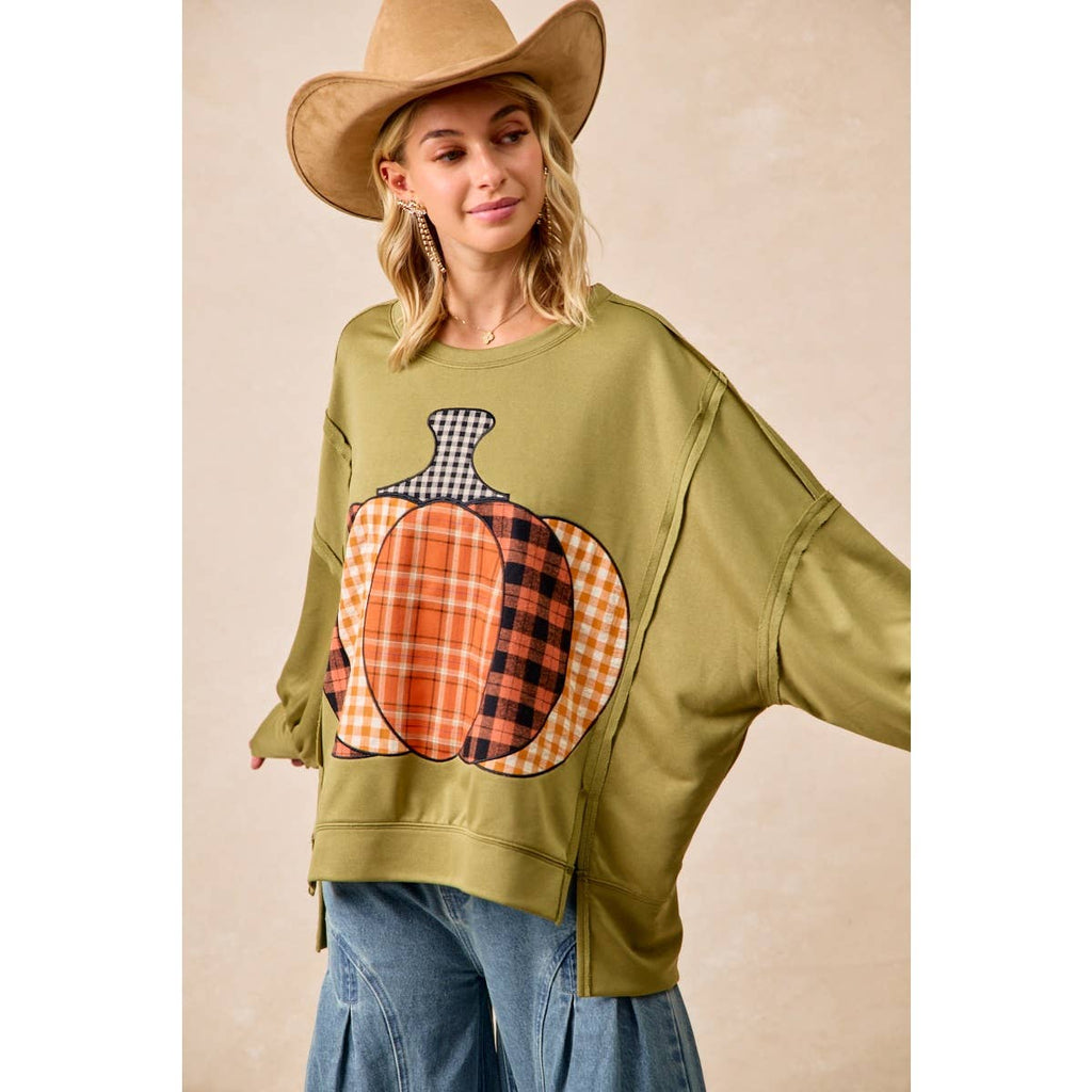 PLAID PUMPKIN 🎃 PATCHWORK FRENCH TERRY SWEATSHIRT: OLIVE 🫒