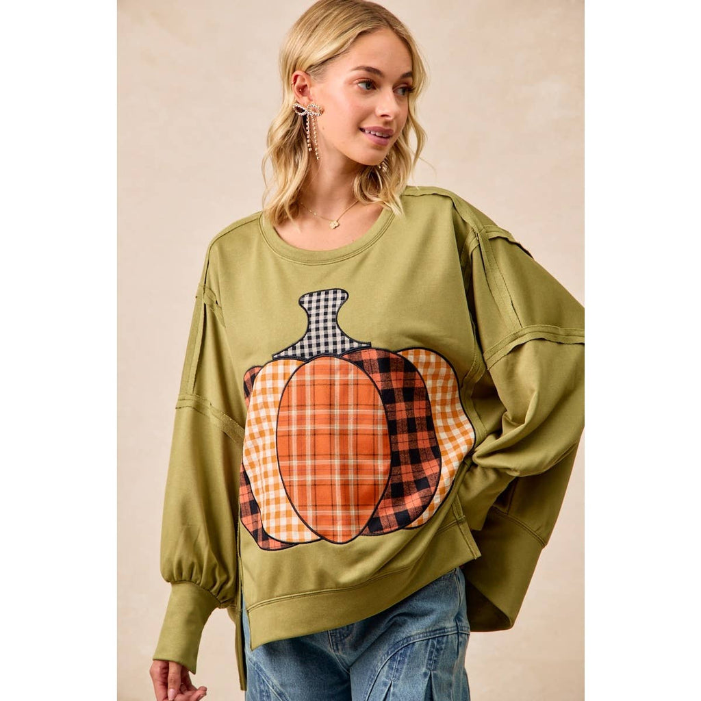 PLAID PUMPKIN 🎃 PATCHWORK FRENCH TERRY SWEATSHIRT: OLIVE 🫒