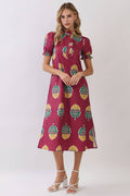 Floral Print Ruffle Collar Button Down Midi Dress: Burgundy