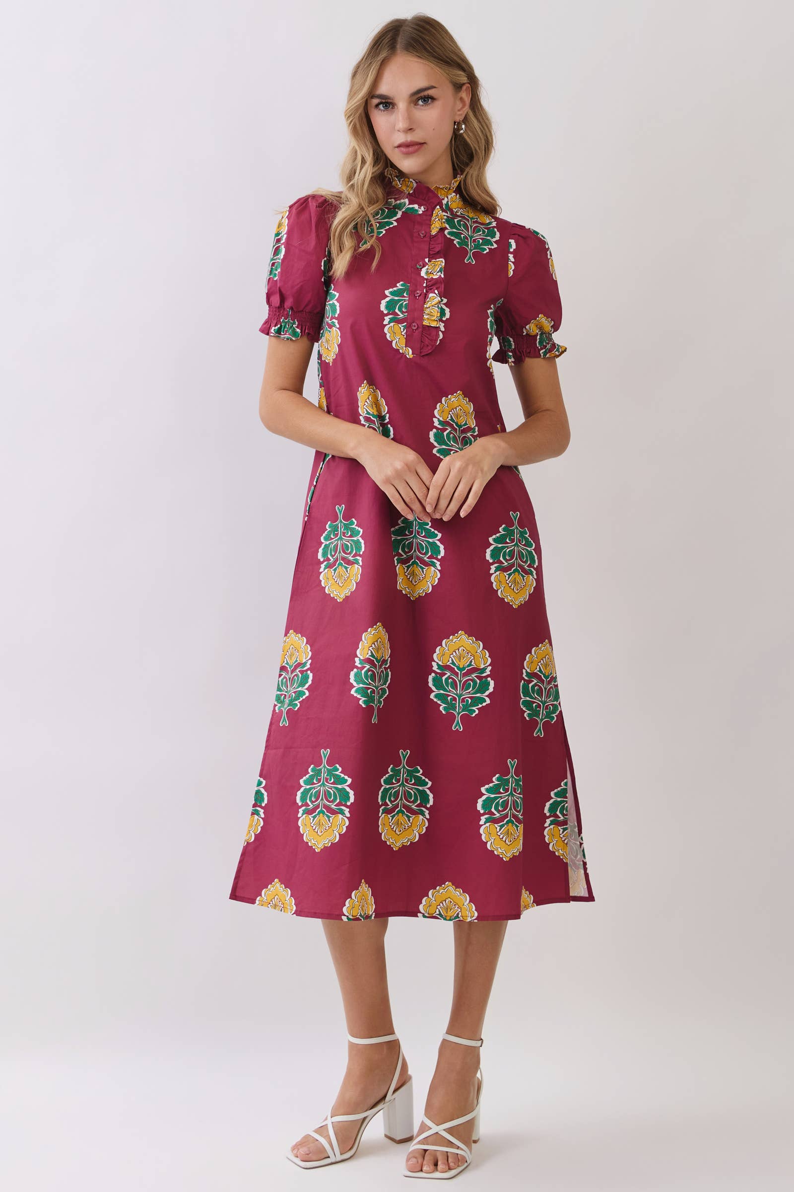 Floral Print Ruffle Collar Button Down Midi Dress: Burgundy