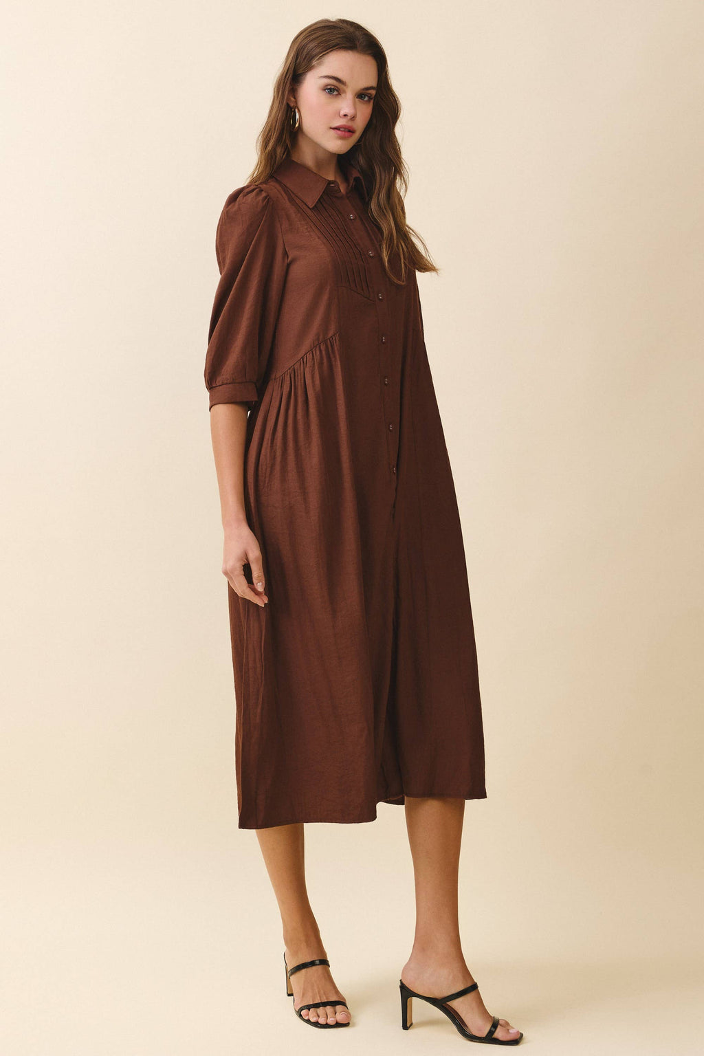 The Autumn Edit Brown Pintuck Midi Dress