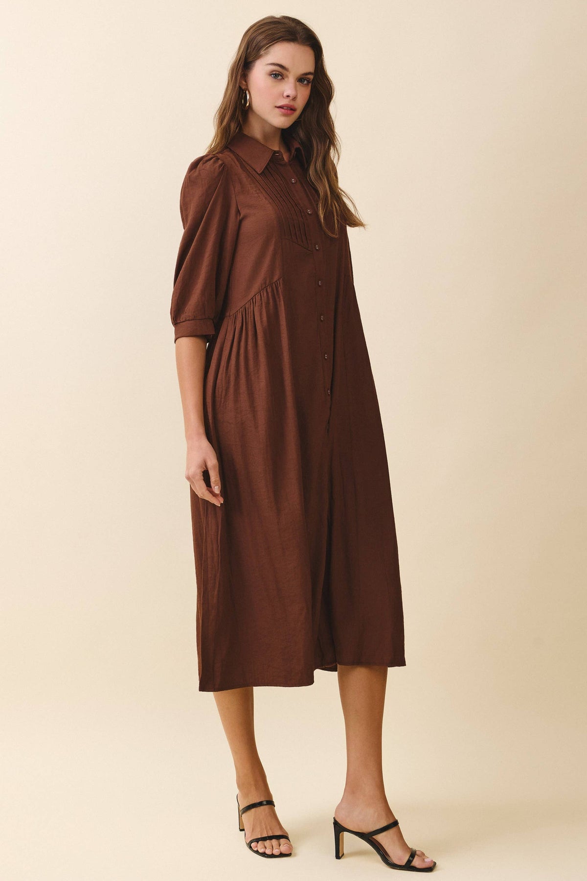 The Autumn Edit Brown Pintuck Midi Dress