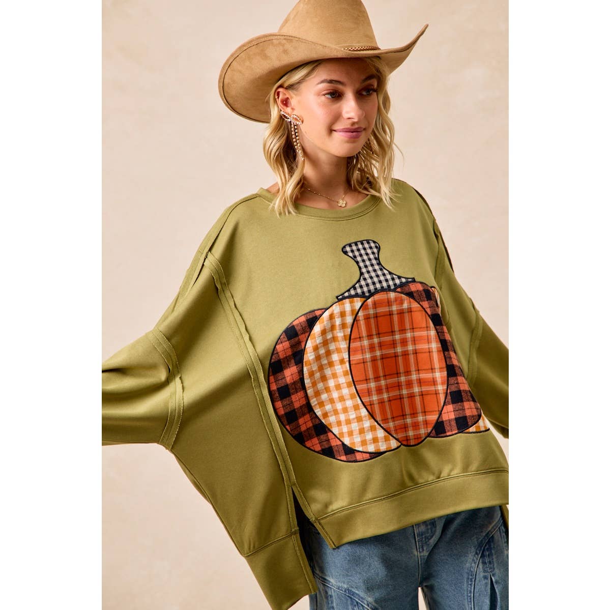 PLAID PUMPKIN 🎃 PATCHWORK FRENCH TERRY SWEATSHIRT: OLIVE 🫒