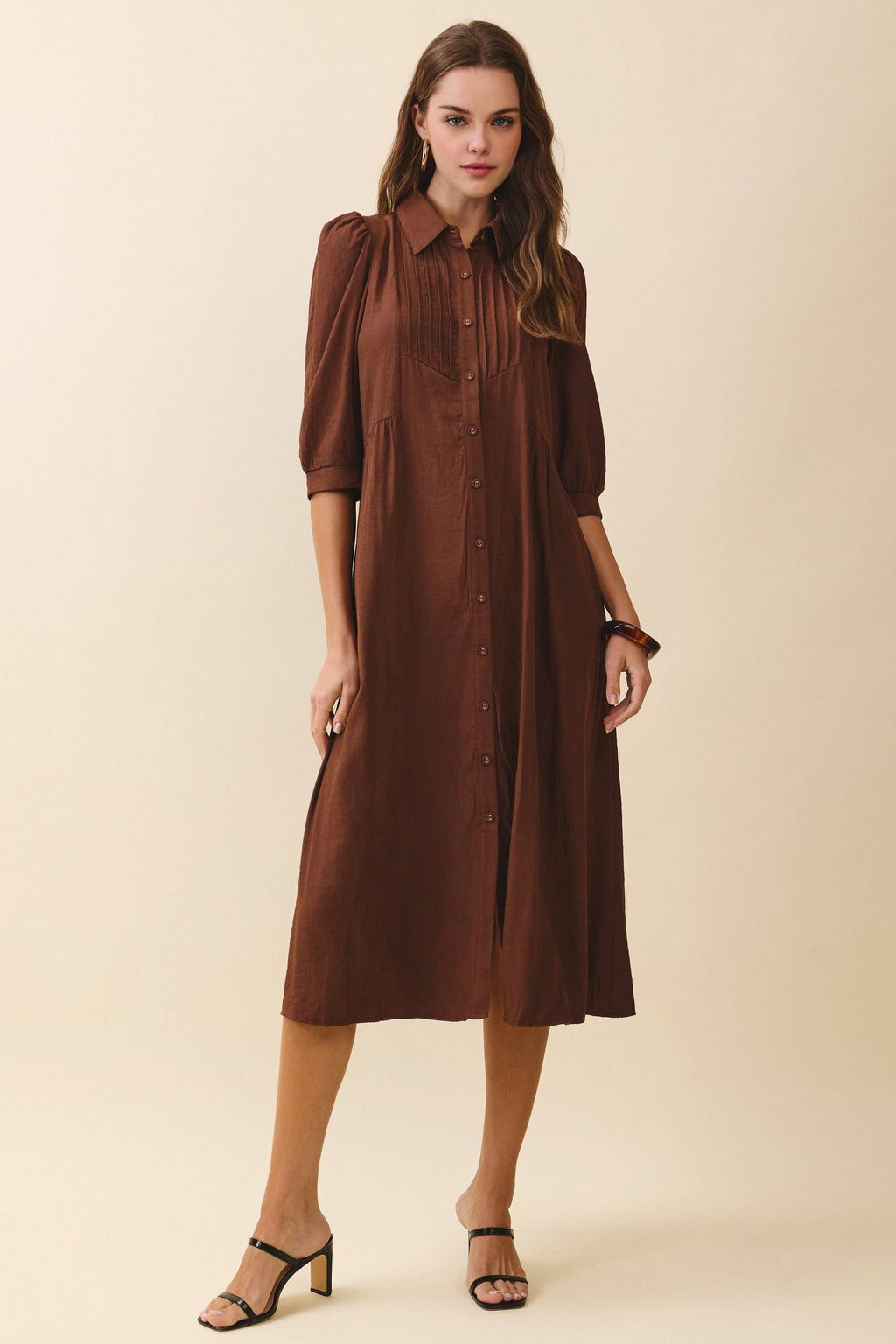The Autumn Edit Brown Pintuck Midi Dress