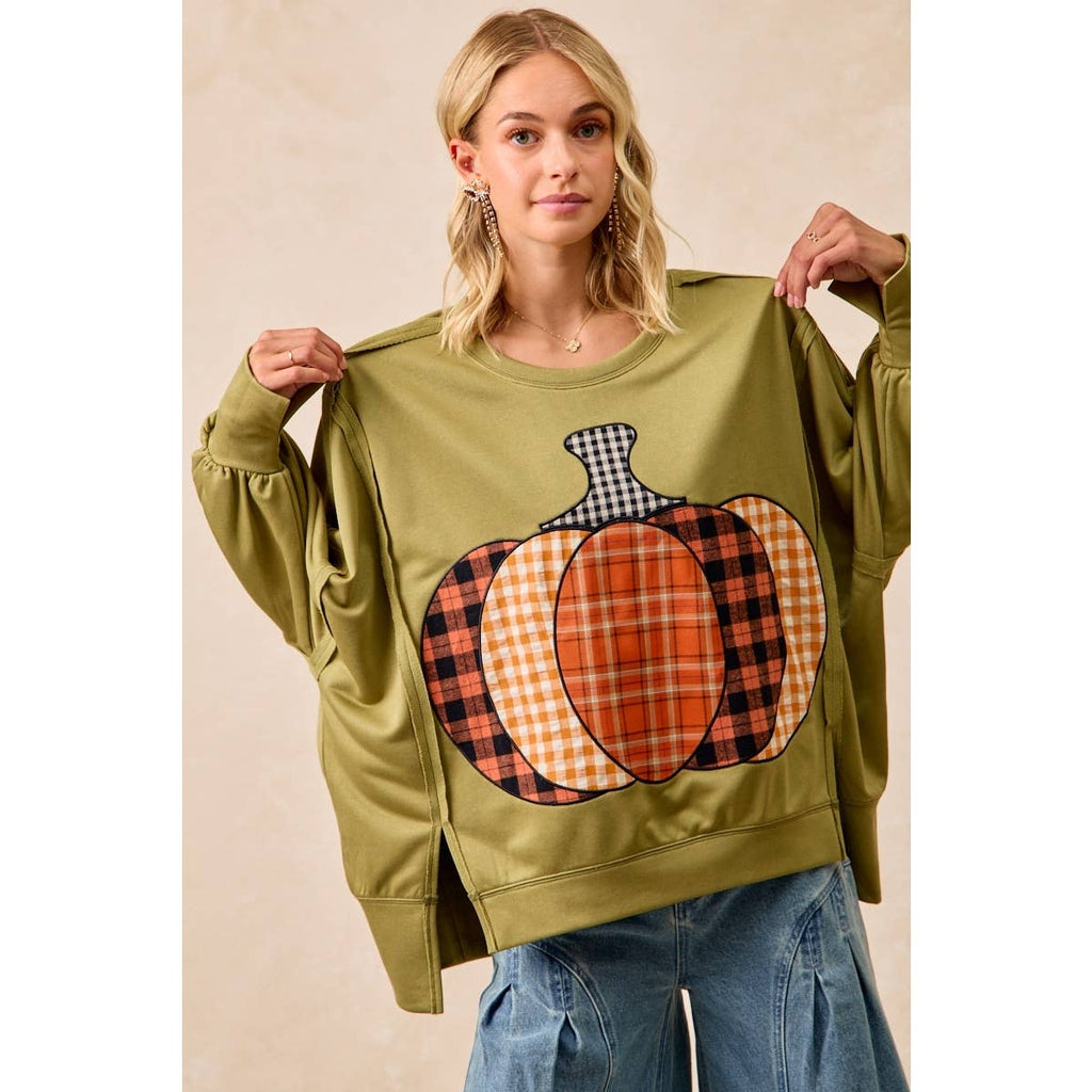 PLAID PUMPKIN 🎃 PATCHWORK FRENCH TERRY SWEATSHIRT: OLIVE 🫒